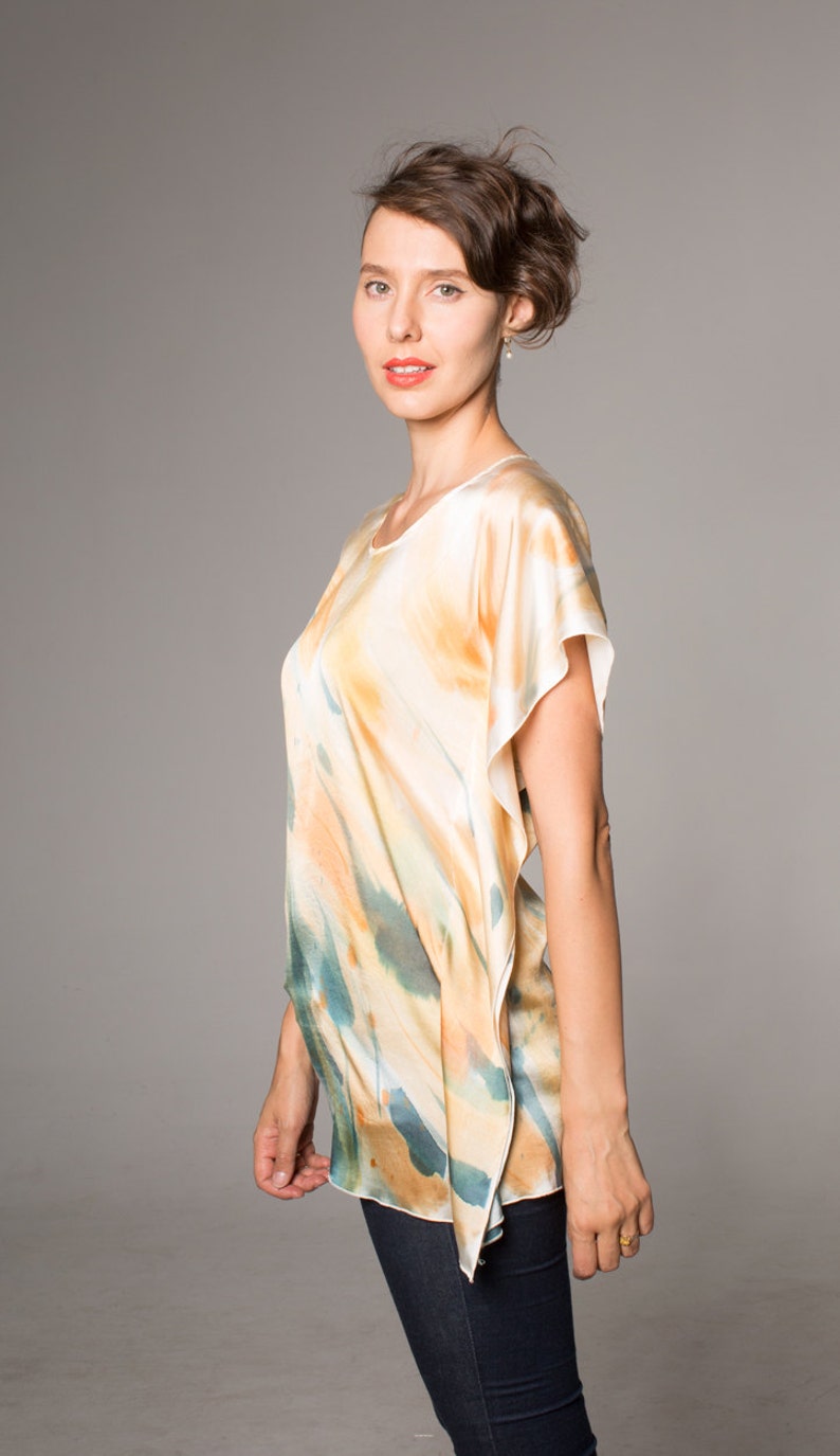 Hand Painted Silk Satin Blouse. Abstract painted Top. Blue Grey ocher blouse. Summer top handpainted/ Silk Satin handpainted top image 4