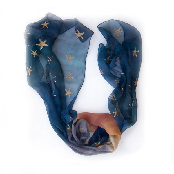 Hand painted silk scarf-Ombre silk scarf with golden stars painted by hand-Midnight blue ombre silk scarf