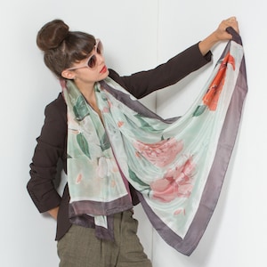 Silk shawl- Minty Peonies | Hand painted silk scarf | Women&#39;s Silk Scarf | Wedding scarf wrap Luxury summer pareo | Mother&#39;s Day gift