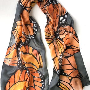 Hand painted silk scarf Coral Butterflies Wings Dark gray shawl painted Woman fashion scarf Butterfly scarves Wedding accessory Wings scarf image 3