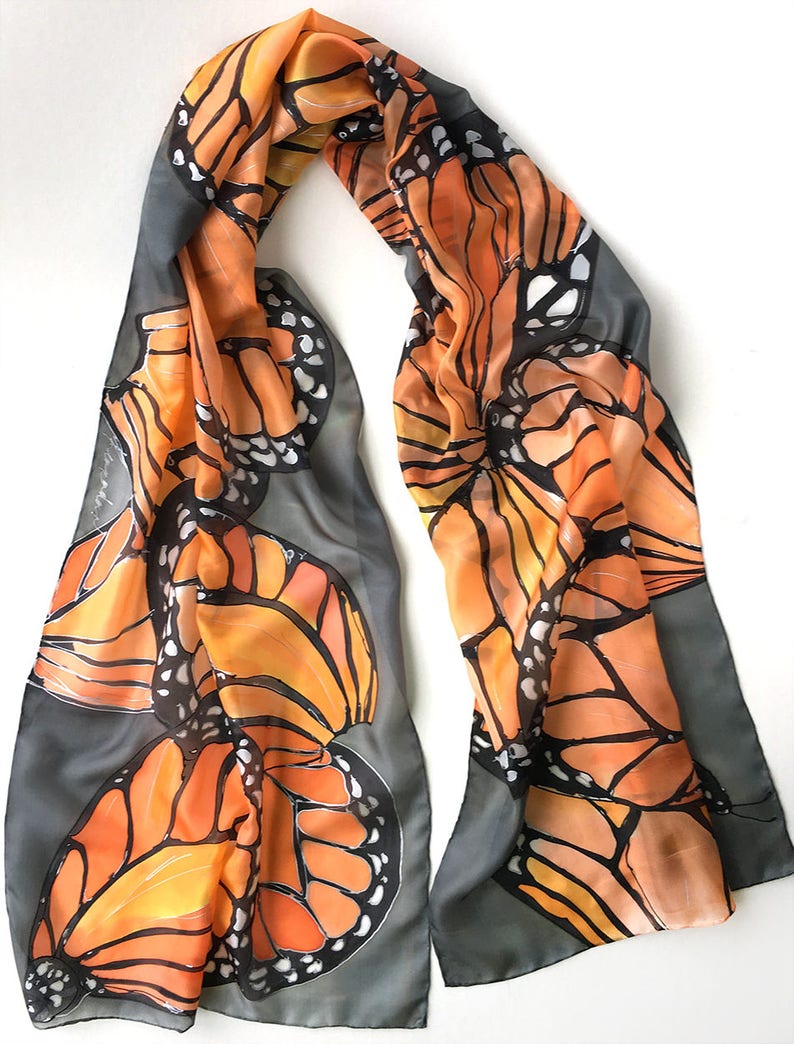 Hand painted silk scarf Coral Butterflies Wings Dark gray shawl painted Woman fashion scarf Butterfly scarves Wedding accessory Wings scarf image 3