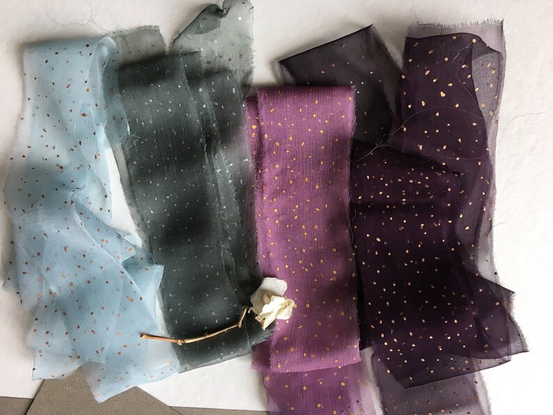 Set of four silk chiffon ribbons, Hand painted ribbons with golden, copper & silver dots, Blue, Gray, Purple and Plum hand torn ribbons image 2