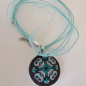 Micro Embroidered necklace teal, Gift for teen daughter, Hand embroidery, Cross stitch pendant necklace, handmade jewelry Minimalist style image 2