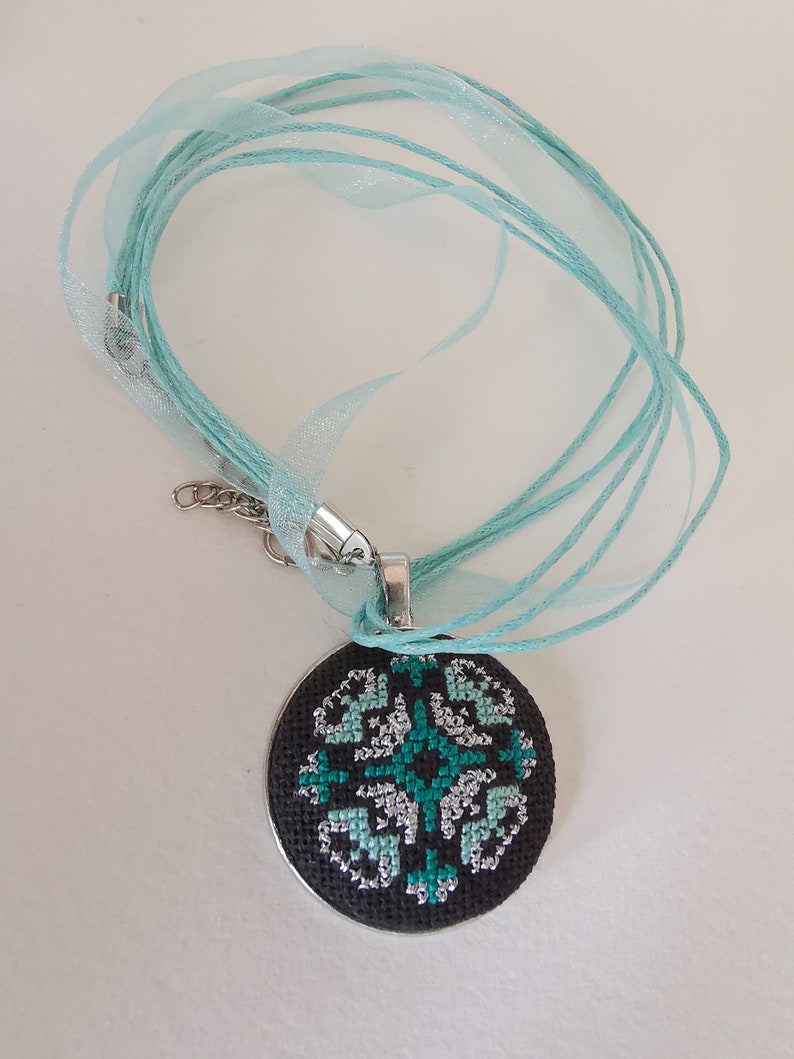 Micro Embroidered necklace teal, Gift for teen daughter, Hand embroidery, Cross stitch pendant necklace, handmade jewelry Minimalist style image 2