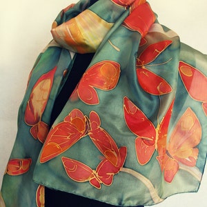 Hand painted silk scarf- Flaming Butterfly, Woman fashion, Green silk scarf, Bright silk shawl Unique handmade gift Christmas gift mom