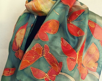 Hand painted silk scarf- Flaming Butterfly, Woman fashion, Green silk scarf, Bright silk shawl Unique handmade gift Christmas gift mom