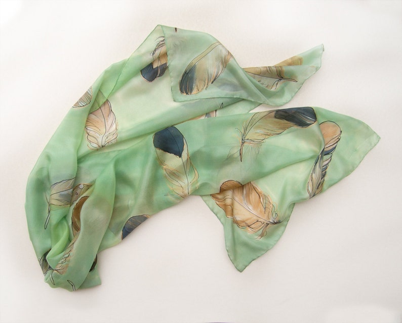 Hand painted silk scarf Apple Green Feathers Unique handmade gift for woman Birthday gift for her KD21 Christmas gift woman Birds image 3