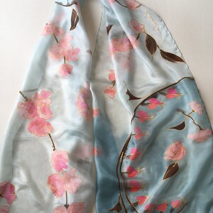 Cherry Blossom Silk Scarf Hand Painted | Bridesmaids Gift | Pale Blue ...