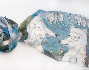 Arctic Foxy dreaming for fishes. Silk chiffon scarf. Handpainted scarf in blue brown. Animal scarf/ Lightweight scarf/ Transitional scarf