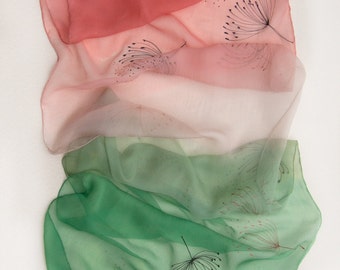 Watermelon Ombre scarf hand painted. Pink green silk chiffon scarf with dandelions