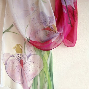 Hand Painted silk chiffon scarf. Pale Orchids Floral shawl. Boho Wedding | Lightweight scarf. Mothers Day gift idea | Floral fashion
