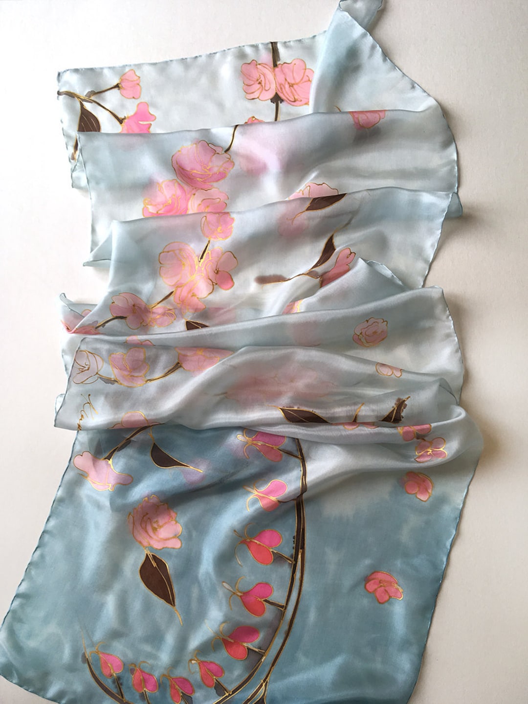 Cherry Blossom Silk Scarf Hand Painted | Bridesmaids Gift | Pale Blue ...