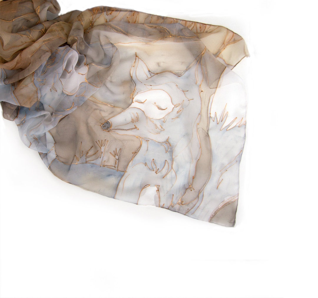 Arctic Foxes Scarf Silk Chiffon Scarf Hand Painted. Animal Accessory