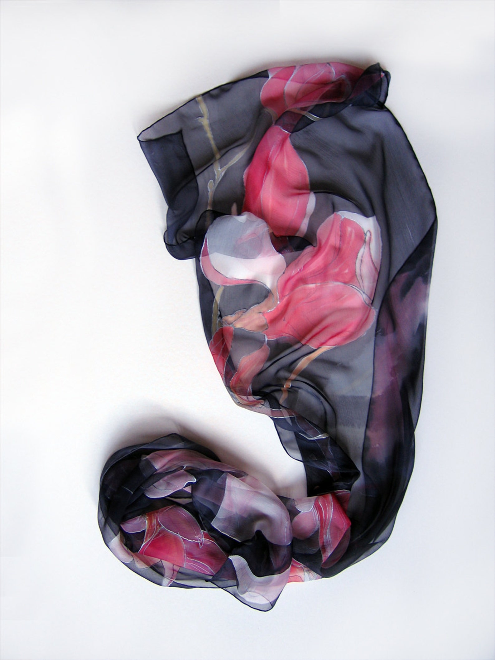 Hand Painted Scarf A Shy Magnolia. Black Pink Scarf Silk | Etsy