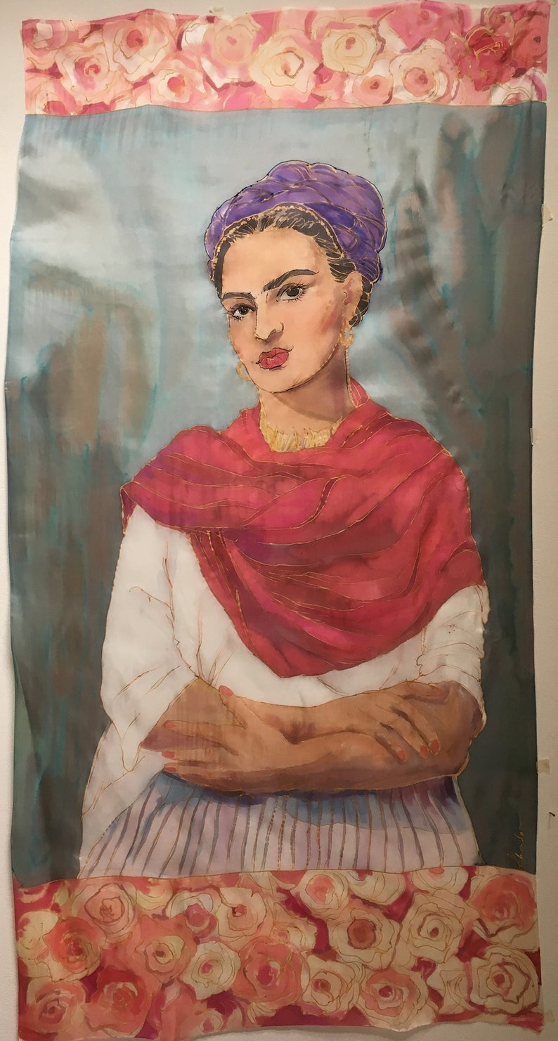 100% Pure Silk Scarf Hand Painted, Frida Kahlo with Red shawl, Frida art lovers, Bridal shawl, OOAK Mom Birthday Gift Artistic woman gift image 2