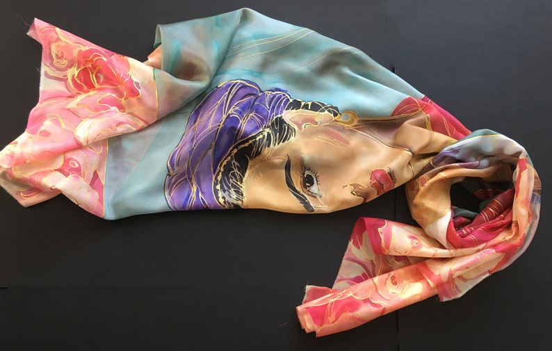 100% Pure Silk Scarf Hand Painted, Frida Kahlo with Red shawl, Frida art lovers, Bridal shawl, OOAK Mom Birthday Gift Artistic woman gift image 9