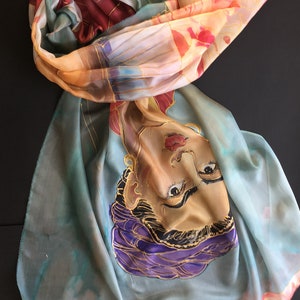 Christmas Gift for Mom from Daughter | Frida Kahlo with Red shawl, hand painted scarf | Frida art lovers | Bridal shawl | Mom Birthday Gift, 35x70 inch, pure silk