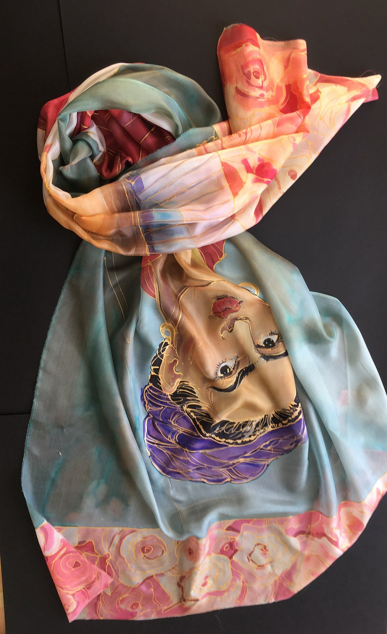 Christmas Gift for Mom from Daughter | Frida Kahlo with Red shawl, hand painted scarf | Frida art lovers | Bridal shawl | Mom Birthday Gift, 35x70 inch, pure silk