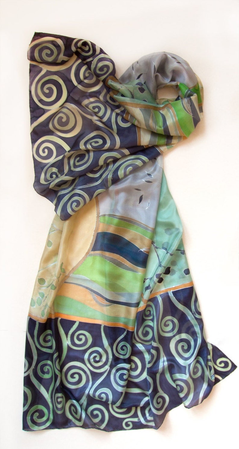 100% Pure Silk Shawl Hand painted | Decorative Scarf Klimt Inspired | Purple green Outfit | Silk Habotai | Christmas Gift Mum | Botanical painting, 35x70 inch
