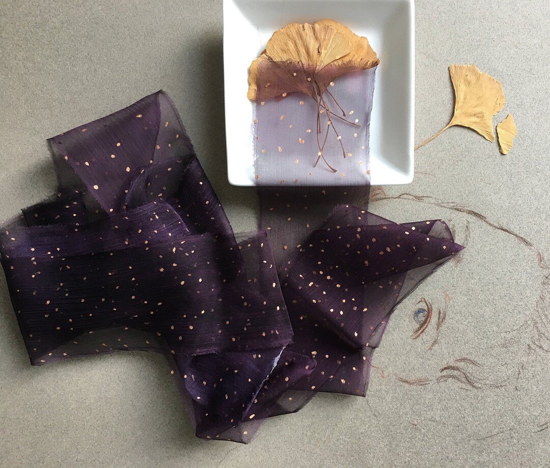 Dark Plum Silk Chiffon Ribbon With Copper Dots, Hand Painted Ribbons ...