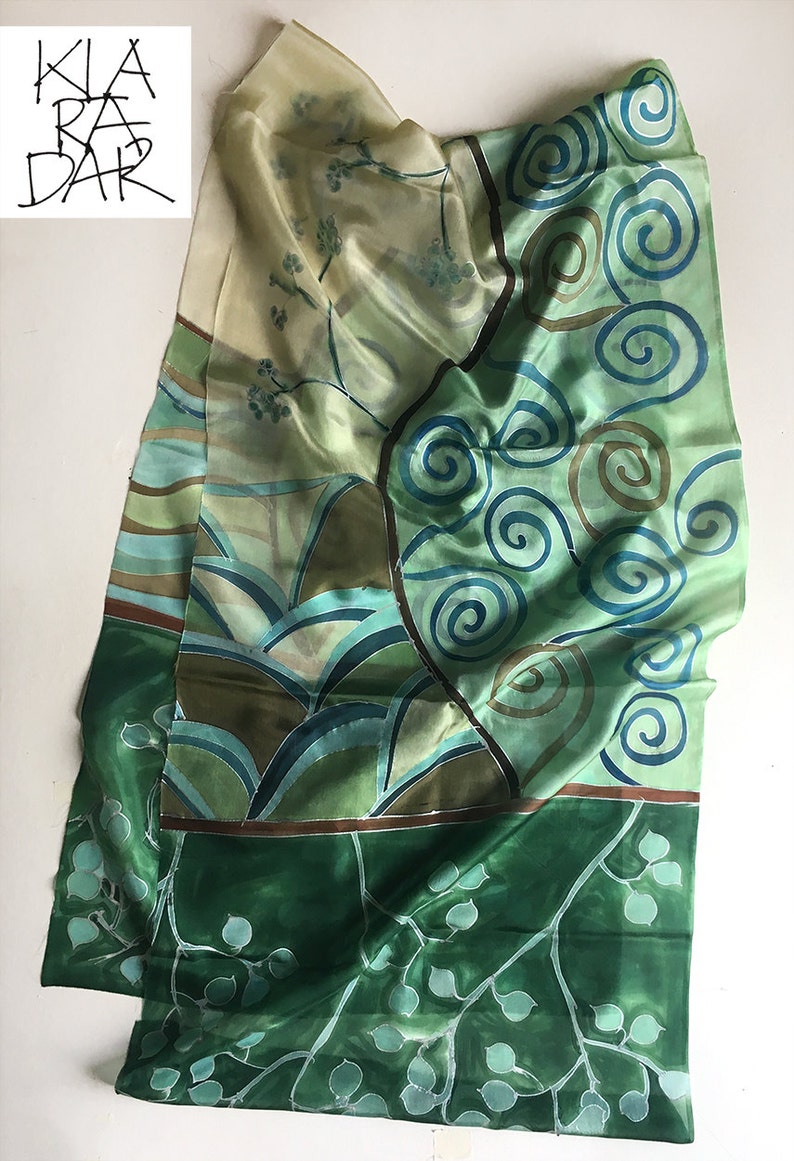 Hand painted silk scarf Teal Spirals. Long multicolored scarf in aqua and turquoise/ Pine green decorative scarf, Klimt scarf, Gift for her image 2