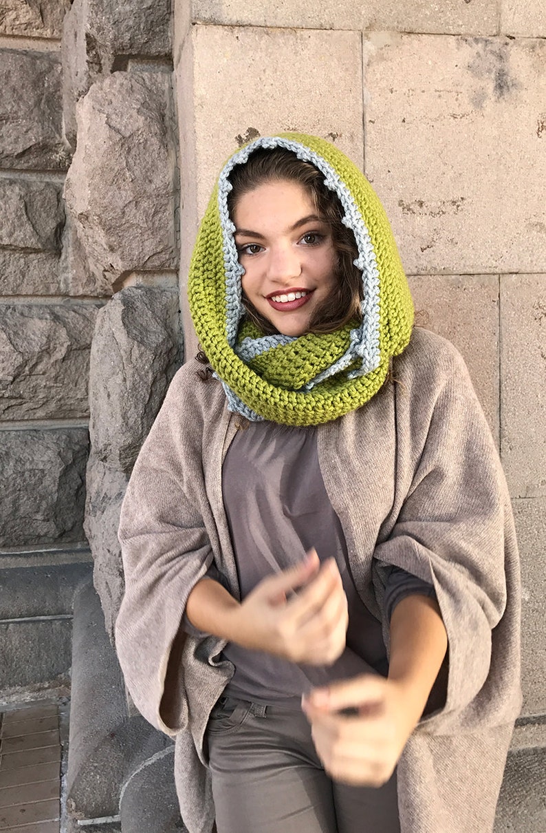 Lime Green Hooded Scarf/ Pom Pom winter rounded scarf/ Crochet Hood Infinity Wool Scarf/ Cowl Winter Accessories/ Hooded Cowl Handmade scarf image 3