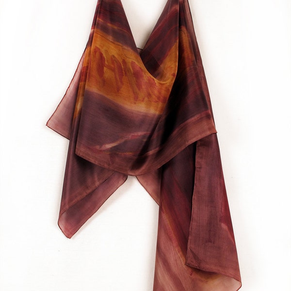 Chocolate Hand painted  silk scarf. Floral Brown maroon scarf. Hand painted shawl. Autumn luxury scarf. Silk Painting Dimo/ Holidays gift