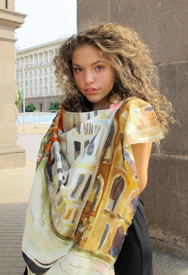 HAND PAINTED Silk Scarf "Venice Morrow" | Artistic Bridal shawl 35 by 70 | Luxury scarves/ Venice scarf | Mother Bride Shawl | venetian motif artwork