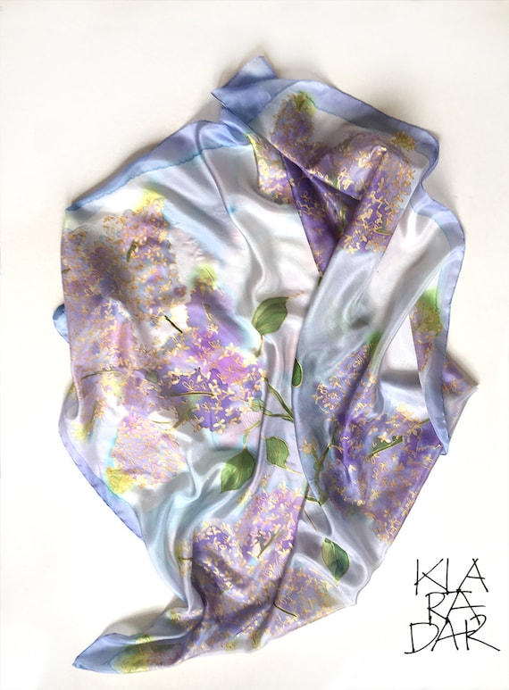 Hand-painted Lilacs Silk Scarf, Pastel Floral Square Bandana  display picture 1