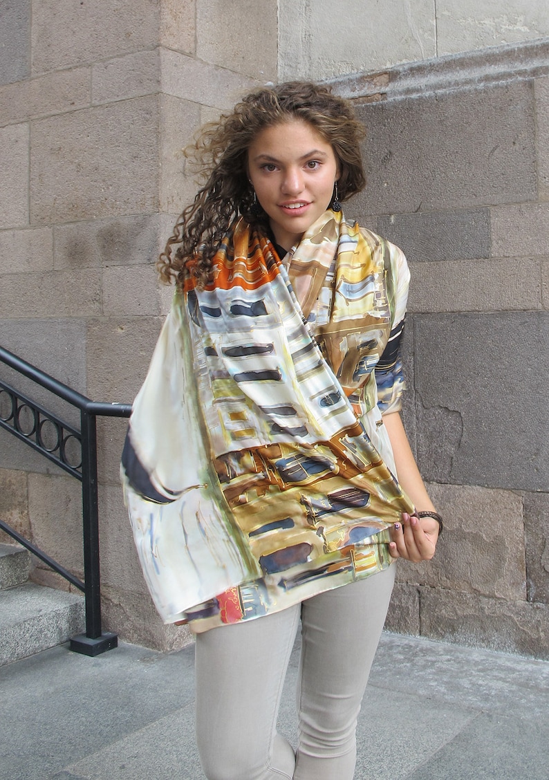 HAND PAINTED Silk Scarf "Venice Morrow" | Artistic Bridal shawl | Luxury scarves/ Venice scarf 35x70 | Mother Bride Shawl | venetian motif artwork
