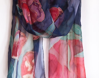 Hand-Painted Silk Chiffon Scarf, Black & Red Tulips