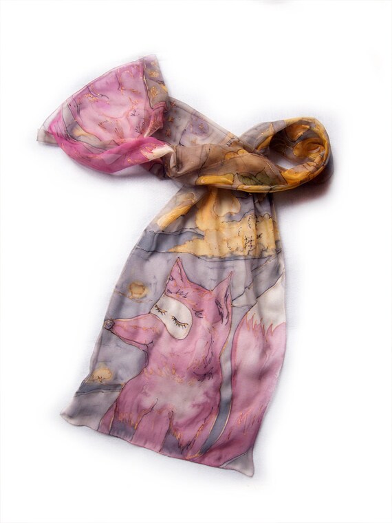 Hand-painted Pink Fox Silk Chiffon Scarf: Animal Accessory  display picture 2