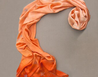 Satin silk shawl- Coral Ombre. Bridal shawl/ Wedding accessory/ Hand painted scarf. Stars satin shawl. Luxurious scarves. Mother's Day gift