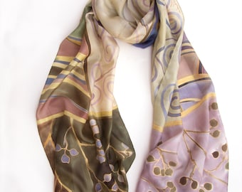 Hand Painted Silk Scarf- Amethyst Morn, Klimt inspired scarf, Pastel scarves | Art Deco style |  Purple wedding | Mothers Day | Gift for her