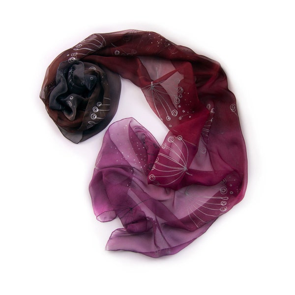 Plum Dandelions ombre silk scarf. Purple to brown and grey paint by hand.Woman silk chiffon scarf with silver dandelions. Long pastel scarf