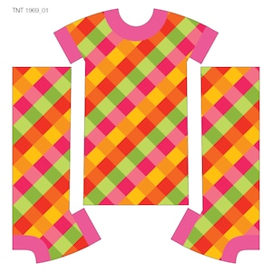 May include: A sewing pattern for a dress with a checkered pattern in shades of orange, yellow, green, pink, and red. The pattern includes a bodice, sleeves, and skirt pieces.