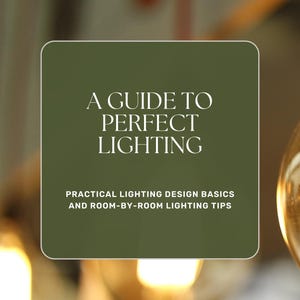 May include: A green rectangle with white text that reads "A Guide to Perfect Lighting, Practical Lighting Design Basics and Room-by-Room Lighting Tips". The background is blurred and shows several light bulbs.