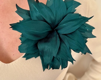 Handmade green flower brooch, Armani satin accessory, Gift for her, Wedding pin, Elegant floral brooch for dress or jacket, Unique gift