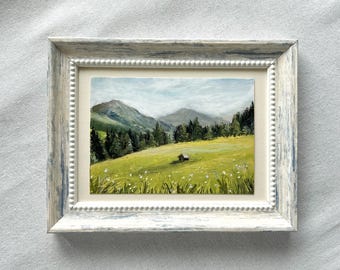 Original Berglandschaft Ölpastell Gemälde, Alpenwiese Miniatur Kunst, 10,5 x 14,8 cm, Geschenk für einen Naturliebhaber