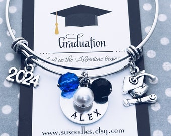 2024 Graduation Charm Bangle Bracelet Personalized Grad Gift, Class of 2024 Grad Cap Charm, 2024 Grad Graduate Charm Jewelry Gift, 2024 Grad