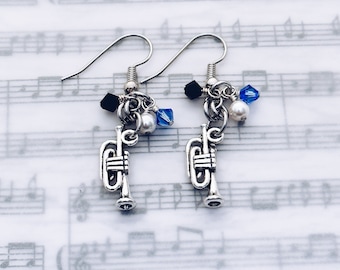 Trumpet Charm Earrings Gift, Trumpet Player, Marching Band Mom, Orchestra Mom, Director, Teacher, Crystal Dangle Earring, Mom Jewelry Gift
