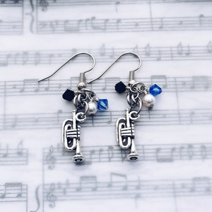 Trumpet Charm Earrings Gift, Trumpet Player, Marching Band Mom, Orchestra Mom, Director, Teacher, Crystal Dangle Earring, Mom Jewelry Gift