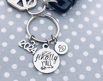 2024 Graduate Charm Keychain, Finally Y’all Graduation Quote Gift, Class of 2024 Personalized Key Ring Keychain, 2024 Grad Cap Charm Gift