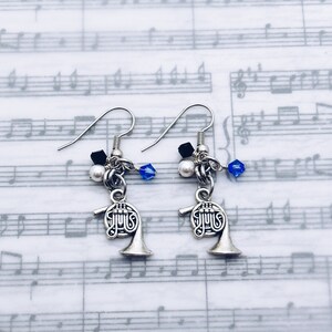 French Horn Charm Earrings Gift, Player, Marching Band Mom, Orchestra Mom, Director, Teacher, Crystal Dangle Earring, Mom Jewelry Gift