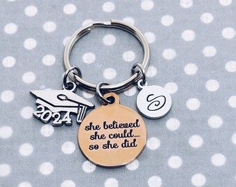 She Believed She Could So She Did 2024 Graduation Rose Gold Charm Keychain, Grad Quote Gift, Class of 2024 Key Ring Keychain Gift for Her