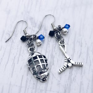 Hockey Player Charm Earrings, Ice Hockey, Hockey Mom, Fan, Hockey Stick, Hockey Goalie Mask Charm, French Hook Dangle Charm Earring Gift