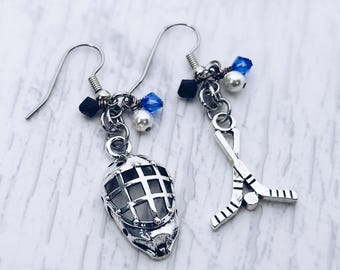 Hockey Player Charm Earrings, Ice Hockey, Hockey Mom, Fan, Hockey Stick, Hockey Goalie Mask Charm, French Hook Dangle Charm Earring Gift
