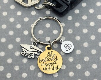 She Believed She Could So She Did 2024 Graduation Cap Gold Charm Keychain, Grad Quote Gift for Her, Class of 2024 Key Ring Keychain