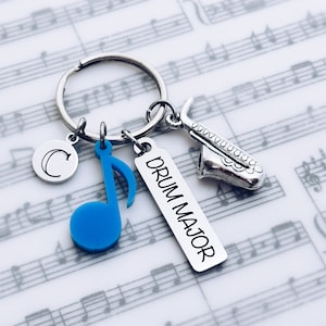 Drum Major Music Note Personalized Initial Charm Keychain Gift, Marching Band Drum Major Key Ring, Birthday, Senior, Banquet, Grad, Gift
