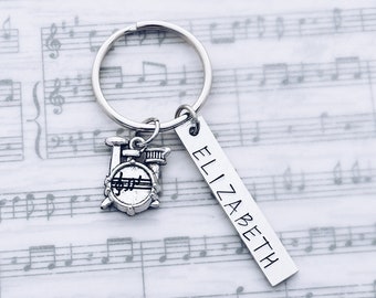 Personalized Drum Charm Keychain, Drummer, Marching Band, Color Guard, Orchestra, Senior, Grad, Birthday Key Ring, Bag Tag Gift